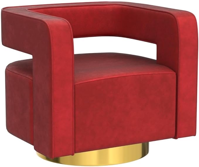 TINA'S HOME Swivel Accent Barrel Chair Modern Velvet Armchair with 3D Curved Open Back &amp Swivel Gold Metal Base Upholstered Club Chair for Living Room Bedroom Nursery Red(No Assembly Required)