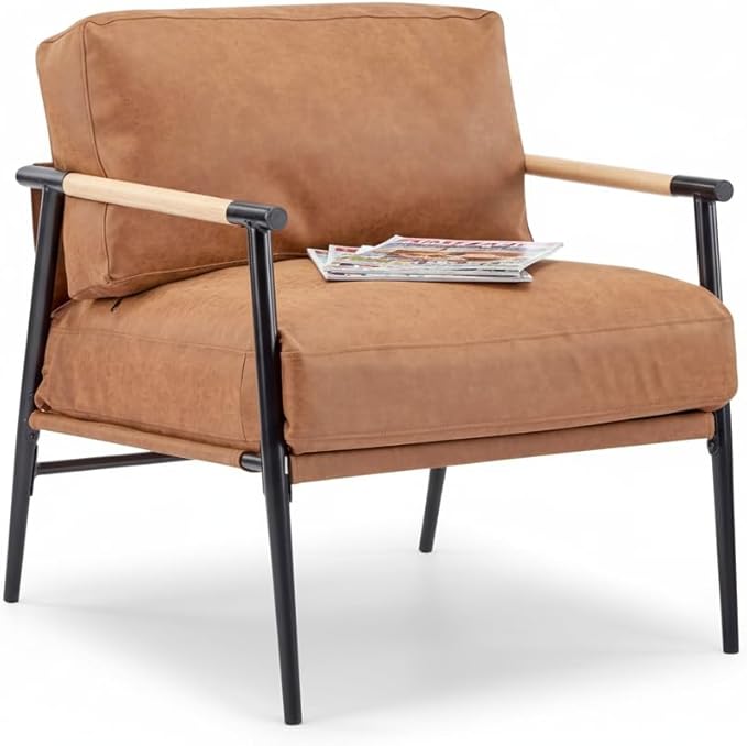 Modern Minimalist Accent Chair Soft Polyester Fabric with Metal Frame and Wood Armrests Living Room Bedroom Office Seating (Brown)