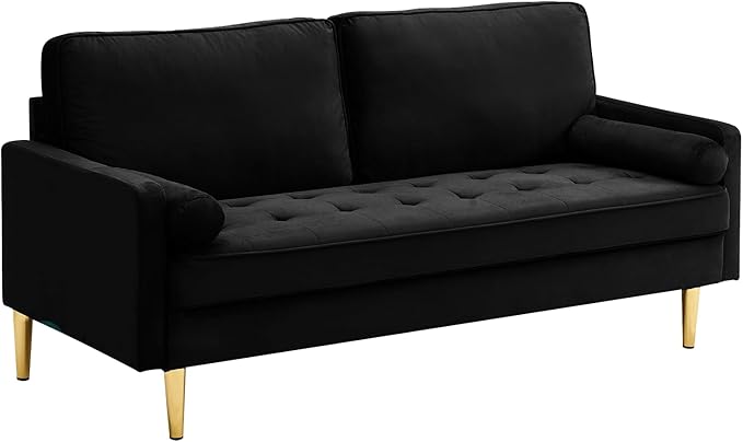 65'’ Velvet Upholstered Loveseat Sofa with Gold Metal Legs Modern Tufted Backrest Couch Solid Wood Frame for Living Room BedroomApartmentOfficeSmall Space (Black)