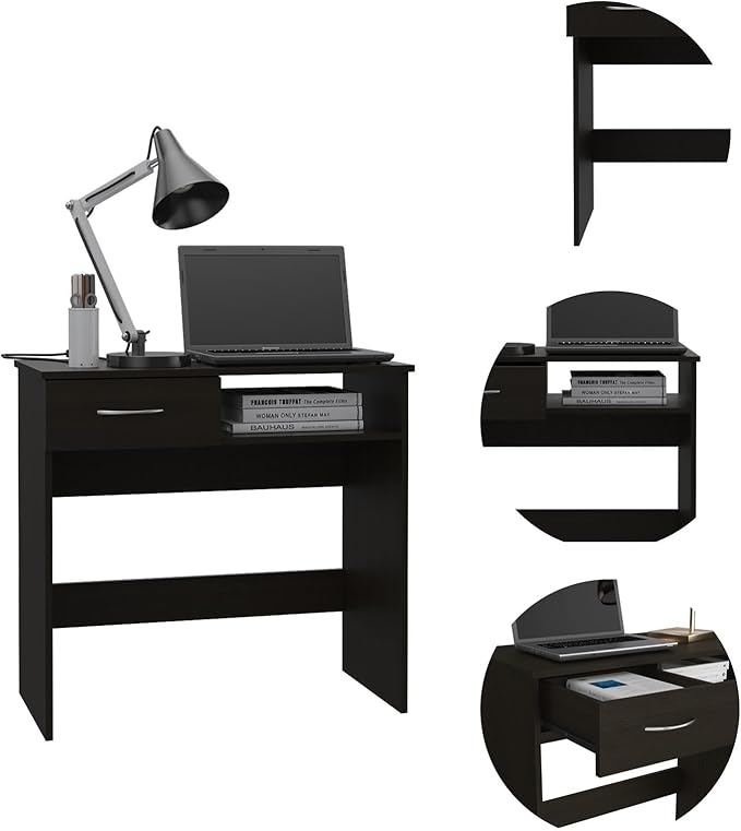 Home Office Desk Set Single Drawer Keyboard Tray Bookcase Black