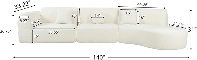 140 Modern Curved Sectional Sofa with High-Density Fully Compressed Sponge and Chaise Lounge 3-Piece Set Fully Assembled Right Hand Facing Perfect for Living Room Lounge (Beige)
