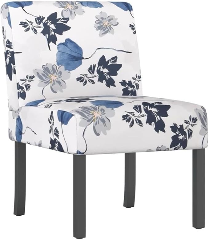BOWERY HILL Floral Polyester and Solid Wood Slipper Chair Blue and White Upholstered Seat 25.2 x 18.9 x 28.3 in Comfortable Reversible Cushion Modern Accent Chair for Living Room or Bedroom Use