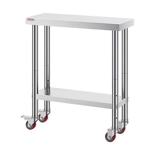 VEVOR Stainless Steel Work Table 30 x 12 x 34 Inch 700 LBS Load Capacity with 4 Wheels 3 Adjustable Height Levels Heavy Duty Food Prep Worktable for Commercial Kitchen Restaurant Silver