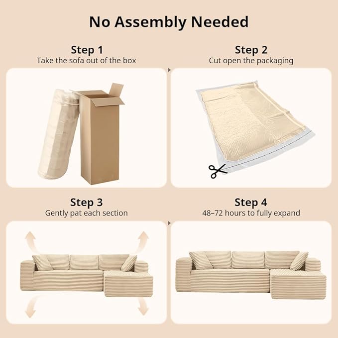 COMHOMA 105”Modular Sectional Sofa with Deep SeatCloud Upholstered L-Shape Couch Wide Arms Corduroy Fabric High-Density Foam Chaise Lounge for Living Room No Assembly Required