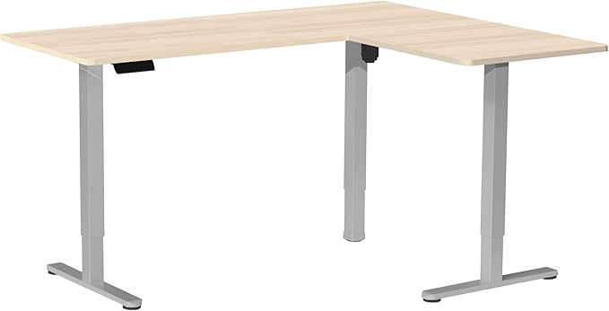 VIVO Corner Standing Desk 63 x 55 inch Reversible L-Shaped Workstation Electric Height Adjustment Home Office and Reception Rooms Light Wood Table Top Gray Frame DESK-E3CTGC