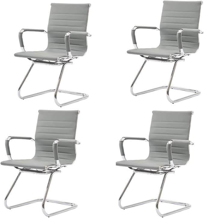 CIMOTA Waiting Room Chairs Leather Office Guest Chair Mid Back Reception Chairs with Sled Base for Meeting/Patient/Conference Room Grey Set of 4