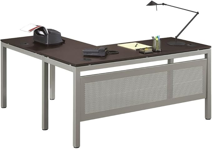 NBF Reversible L-Shaped Executive Office Desk - Durable Espresso Laminate Computer Desk with Steel Frame - At Work Modern Desk with 3 Grommet Holes - 60 W x 60 D W Office Work Desk (Tan)