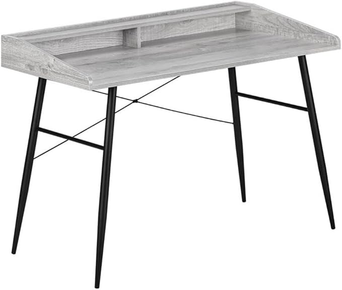 Pemberly Row 47.25 Wood Computer Desk with Small Hutch Gray Finish Mid-Century Modern Style Metal Base with Black Legs Compact Laptop or Writing Table for Home Office or Bedroom
