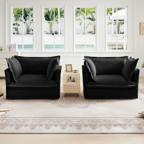 Aoowow Oversized Modular Sectional Sofa Chair Set of 2 49” Chenille Fabric Single Armchair Comfy Deep Seat Couch Sofa with Big Toss Pillows for Living Room Apartment Office(Black-Chenille)