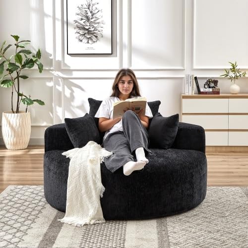 Oversized Round Chaise Lounge Chair Indoor 55'' Chenille Deep Seat Circle Single Floor Sofa Chairs Modern Upholstered Sponge Armchair Cloud Sleeper Chair for Living Room Bedroom Apartment Black