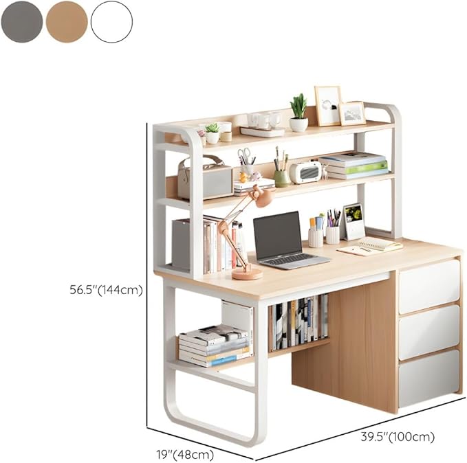CraftThink Writing Desk Rectangular Study Table with 3-Drawer and Storage Shelves Computer Desk Work Table with Hutch for Home Office Without Chairs (Grey Desk 39.5 L x 19 W x 56.5 H)
