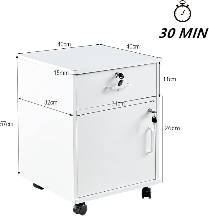 Mobile 2 Drawer File Cabinet with Lock Wooden Under Desk Filing Cabinet with Wheels Small Rolling Storage Cabinet for Home Office Organizer A4/Letter Size/Legal White