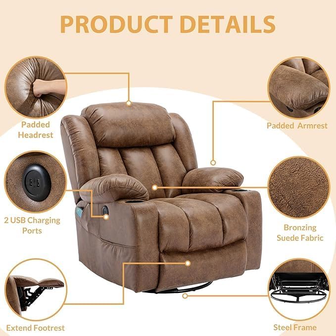 360° Swivel Glider Rocking Recliner Chair Overstuffed Manual Massage Recliner with Heat and Vibration Single Modern Sofa Home Theater Seating for Living Room USB Port/Cup Holders (Brown)