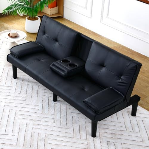 Convertible Folding Futon Sofa Bed Sleeper Couch for Living Room Modern Faux Leather Upholstered Loveseat w/Removable Armrests Metal Legs 2 CupHolders Love Seat Sofa Bed for Small Spaces (Black i)