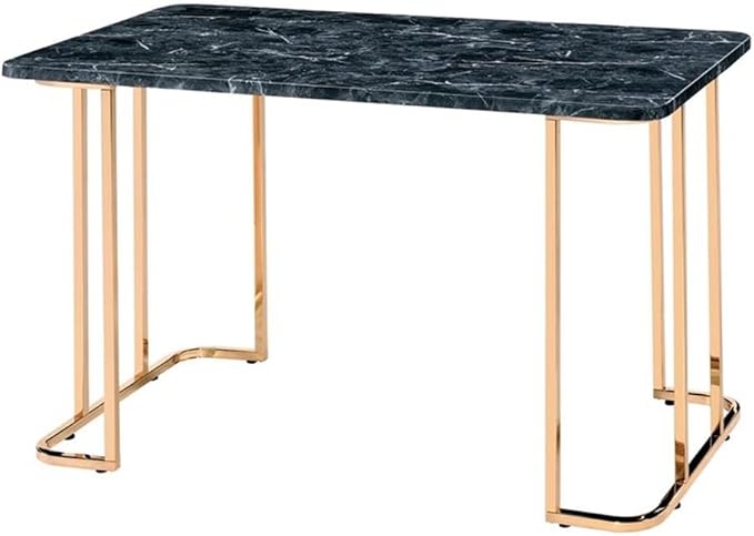 Bowery Hill Contemporary Metal Writing Desk 47.25W x 23.63D x 30.5H Steel and MDF Black and Gold Finish Rounded Corners Built-in USB Power Strip Faux Marble Top Home Office or Bedroom Desk