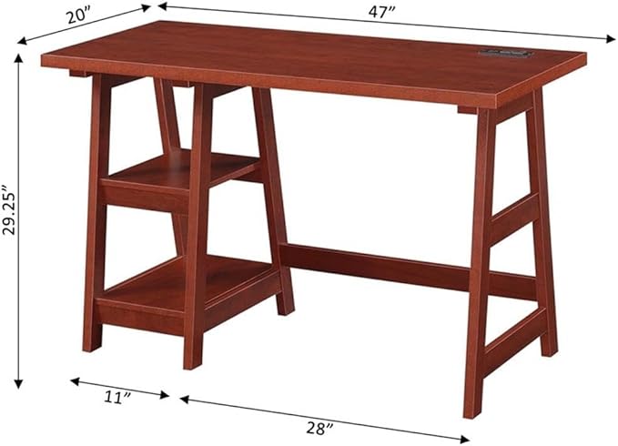 Pemberly Row Trestle Desk with Charging Station 47 in x 20 in x 29.25 in MDF and Particle Board Cherry Wood Finish 2 Shelves USB Ports and Outlets Modern Home Office Desk for Work or Study