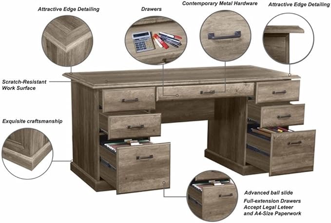 Pemberly Row Contemporary 65 Executive Desk Rustic Oak Finish Laminate Surface 7 Drawers for Storage and Organization Farmhouse Style Home Office Desk with Scratch-Resistant Work Surface