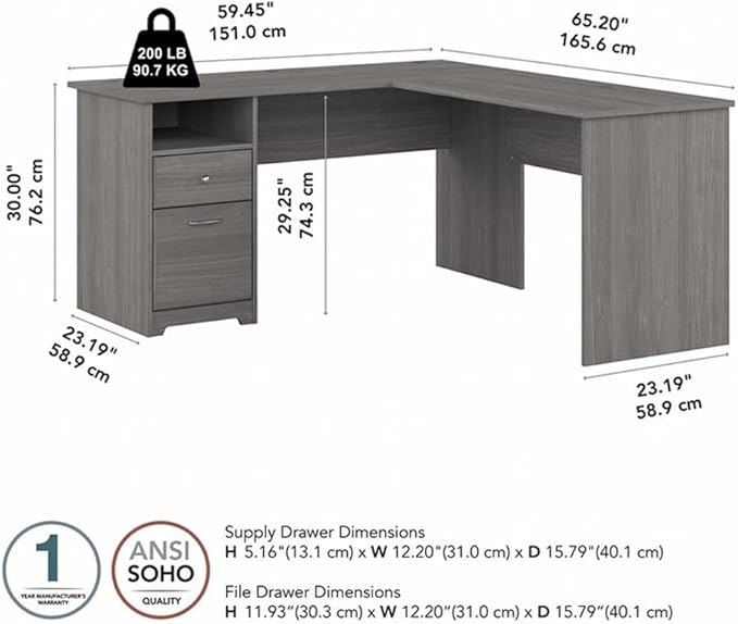 Bush Home Cabot 60W L Shaped Computer Desk with Drawers Modern Gray