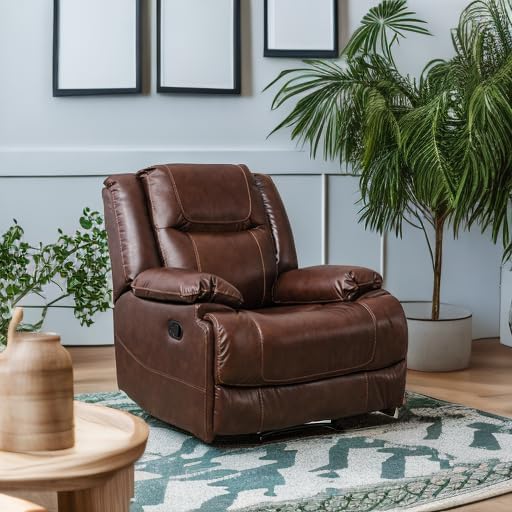 EBELLO Genuine Leather Manual Recliner Chair Reclining Sofa Chair Couch for Living Room Bedroom Furniture Meeting Room Brown