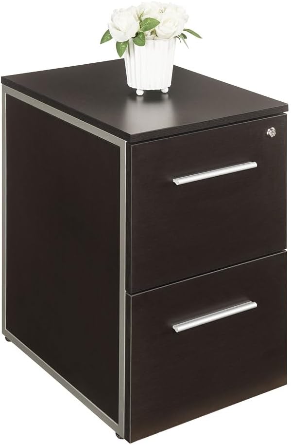 NBF Office Files Pedestal Cabinet - Two Drawer File Cabinet with Lock - Espresso Laminate Office Filing Cabinets - 26.46 H Modern Mobile File Cabinet Document Storage