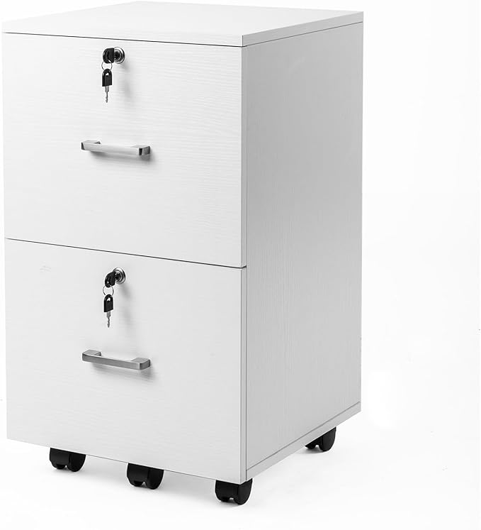 VINGLI 2 Drawer File Cabinet with Lock Wood Grain White File Cabinets for Letter Size File Folders with Tabs Mobile Under Desk Filing Cabinets for Home Office Rolling Filing Cabinet Printer Stand