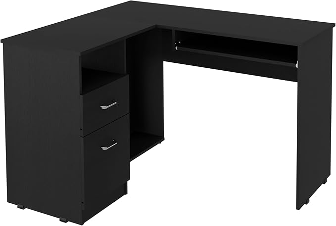 Black L-Shaped Desk with Keyboard Shelf - Modern Home Office Computer Desk