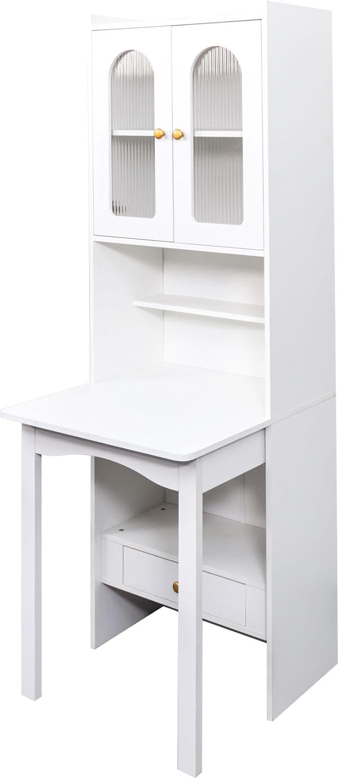 Convertible Fold Down Desk with Bookshelf &amp Drawer Multifunctional Murphy Desks with Storage Hideaway Fold Out Desk Cabinet for Small Spaces (White)