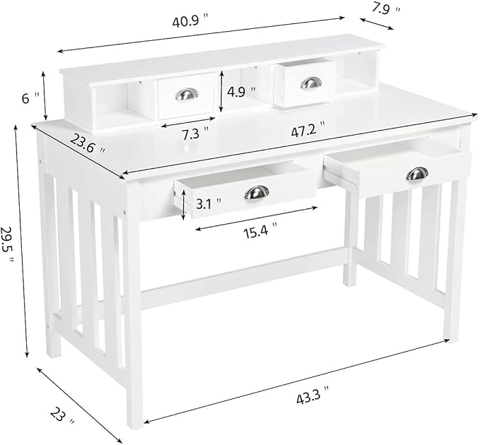 Yaheetech 47 Inch Large Computer Desk White Home Office Workstation with 4 Storage Drawers Modern PC Work Table 23 Deep with Monitor Stand for Screen Wood Stable Executive Table with Large Desktop