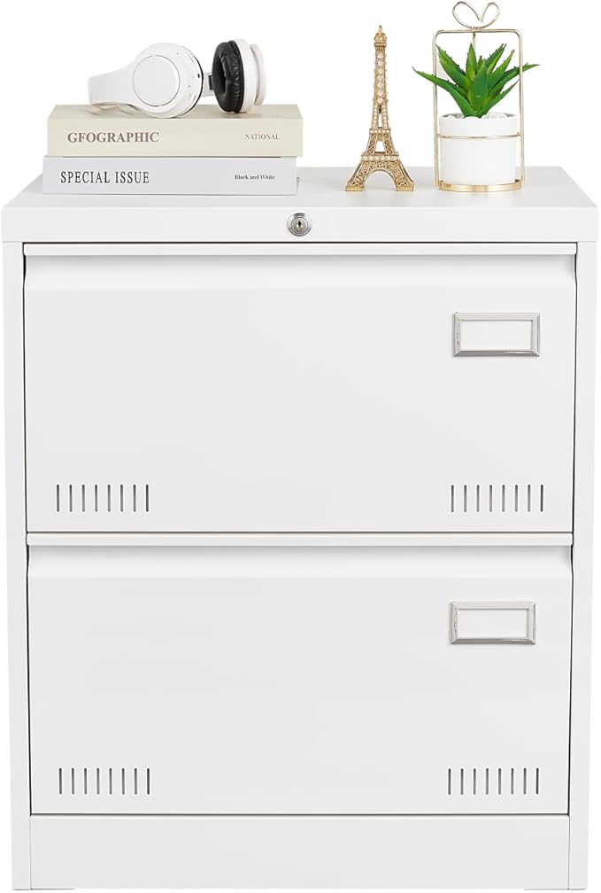 Metal Lateral File Cabinet with 2 Drawers Office Filing Storage Locking Cabinet for Home Office Heavy Duty Office Storage Cabinet for Legal/Letter/A4/F4 Size (Require Assembly) (White)