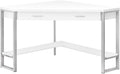 Pemberly Row Corner Computer Desk 42 in Particle Board and Metal White and Silver Finish 1 Drawer Bottom Shelf Contemporary Home Office Workstation for Small Spaces
