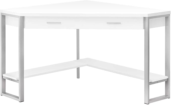 Pemberly Row Corner Computer Desk 42 in Particle Board and Metal White and Silver Finish 1 Drawer Bottom Shelf Contemporary Home Office Workstation for Small Spaces