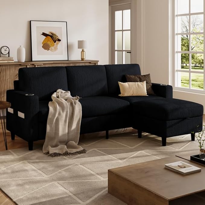 Convertible Sectional Couches for Living Room Modern Corduroy Couch Small Sofas for Small Space Apartment Office 3 Seats L Shaped Sofa with Storage Ottoman and 2 Cup Holders Black