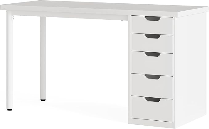 LITTLE TREE Computer Desk with 5 Drawers 47 Inch White Modern Simple Study Writing Desk with Metal Frame Work Desk for Home Office