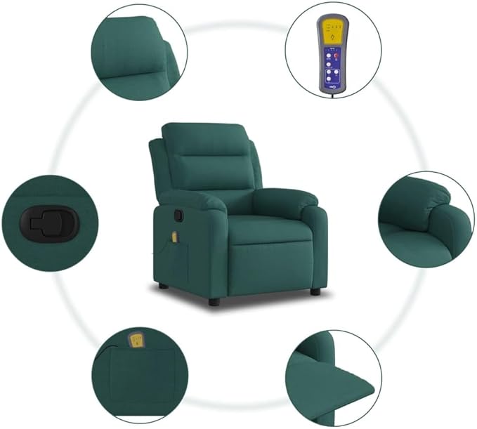 vidaXL Dark Green Fabric Massage Recliner Chair - Manual Reclining Armchair with Vibration Massage Cozy Padded Seating Side Pocket