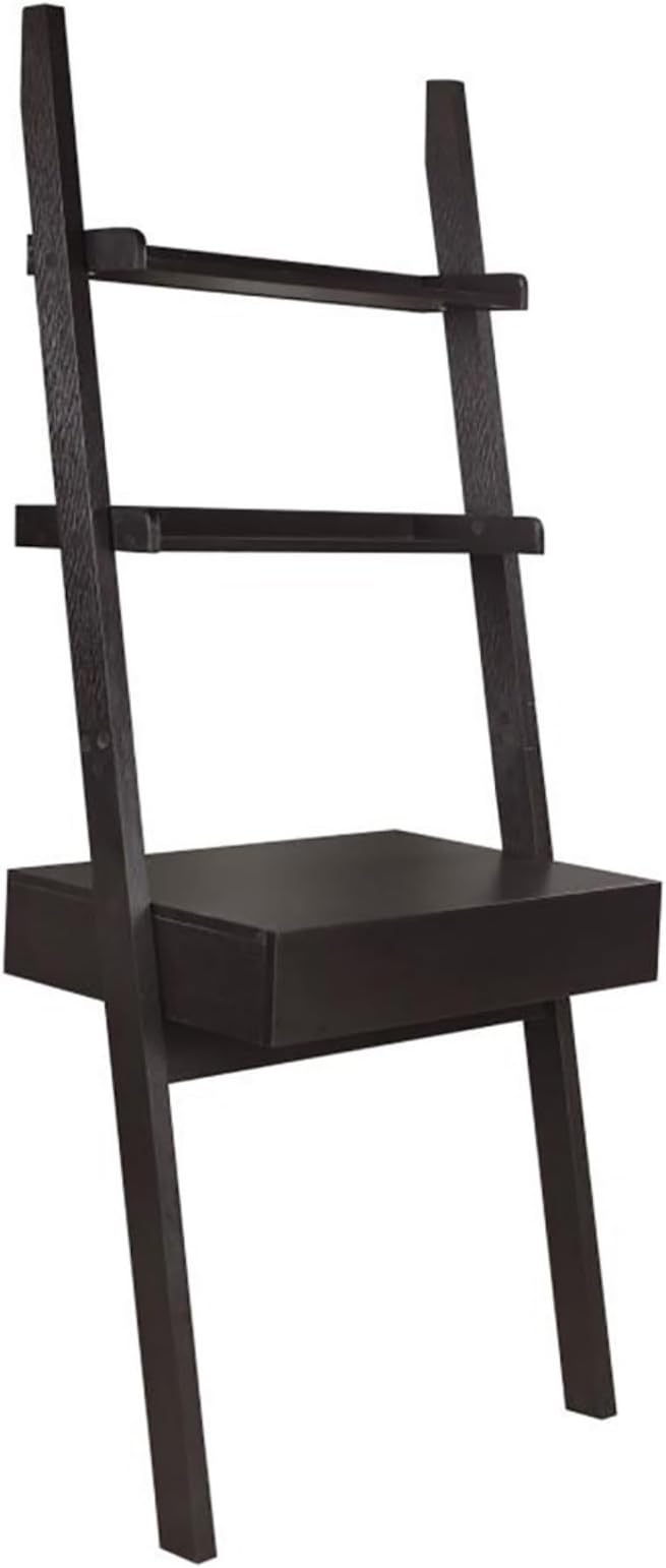 Cappuccino Wall Leaning Ladder Computer Desk with Drawer and 2 Shelves Space-Saving Modular Modern Design Home Office Desk for Bedroom Living Room or Apartment