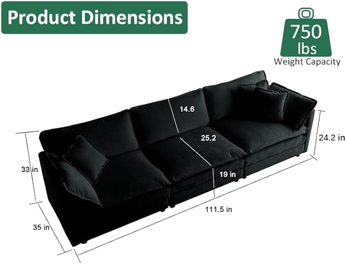 KIVENJAJA Chenille Modular Sectional Couch Modern 3 Seater Comfy Deep Seat Cloud Sofa with 5 Pillows for Living Room Bedroom Office Apartment 111.5”W Black