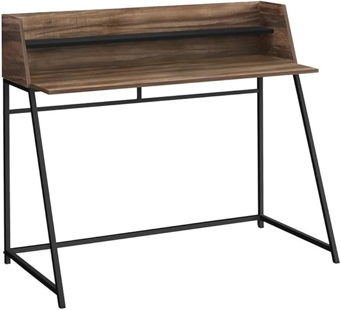 Pemberly Row Computer Desk 48 in Particle Board and Metal Brown Wood-Look Finish Black Shelf Contemporary Trapezoid-Leg Home Office Table with Storage Hutch and Compact Design