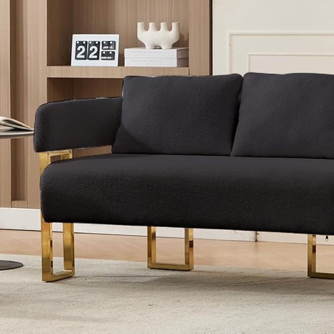 51 Comfy Loveset Sofa Black Small Teddy Love Seat Sofa Bedroom Mini Couch Living Room Side Chair with Gold Metal Legs for Dressing Area Reception Room Office (Black)
