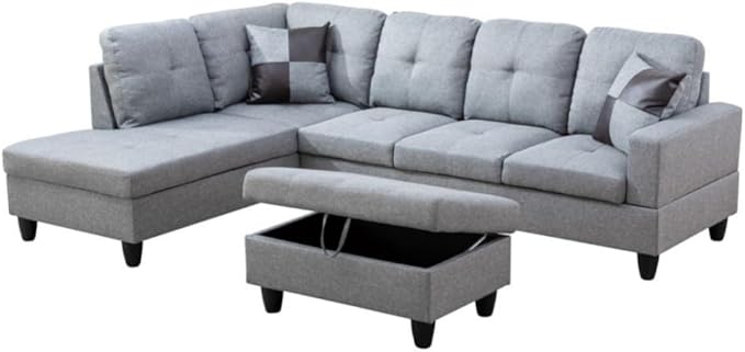 L-Shaped 3-Piece Linen Sofa with Storage Ottoman Set Sectional Couch Sofa Set for Living Room Office Small Space Grey