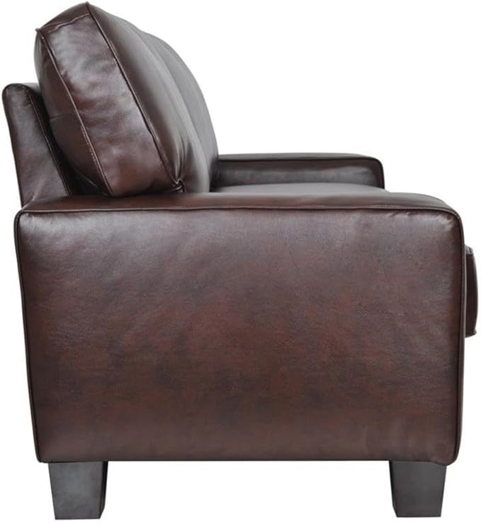 Pemberly Row Contemporary Faux Leather Sofa 73-in Wide in Chestnut Brown Pillow Back Design with Straight Arms Sturdy Hardwood Frame Ideal for Small Apartments Offices or Living Rooms