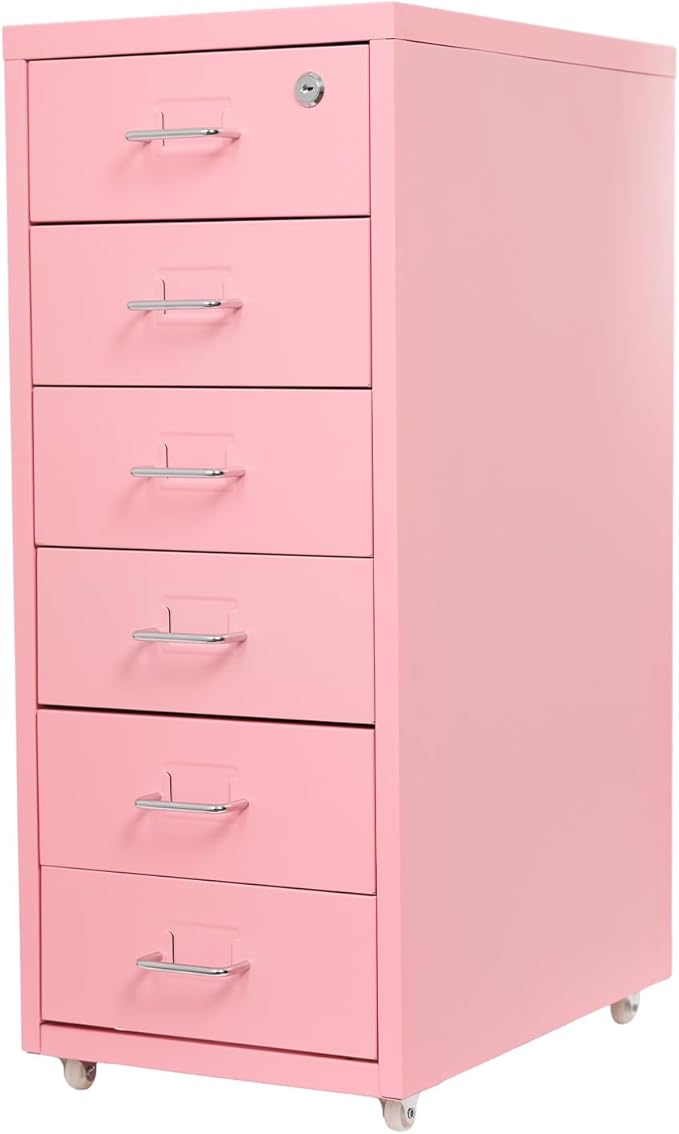 6 Drawer Mobile File CabinetVertical File Cabinet with Lock Metal Storage Cabinet for HomeOffice Horizontal Rolling Filing Cabinets for Letter/Legal/A4/F4 Hanging Files (Pink)