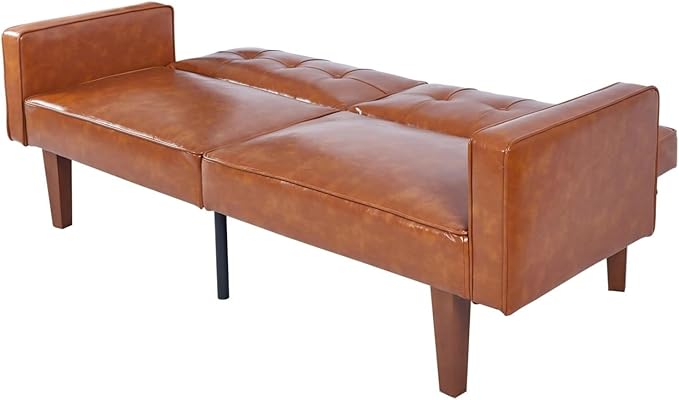 Faux Leather Adjustable Sofa Two-Seater Sofa with Wooden Legs Foldable Sofa Bed mid-Century Style Lounge Sofa Suitable for Apartments Living Room Bedroom Study Office Lounge Brown