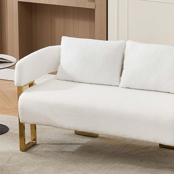 Teddy Fabric Accent Chair Modern Side Chair with Gold Metal Legs 51 Inch Wide Upholstered Loveseat for Living Room Dressing Area Office (White+Gold)