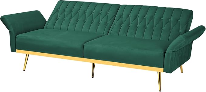 70 Velvet Futon with Adjustable Backrest and Armrests Sofa Bed with Extra Pillows for Waiting Room Living Room and Office Green