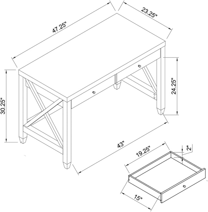 Home Office Desk with Two Smooth-Glide Drawers Thick Wooden Knob Handles Finished Back Panel and Sturdy X-Brace Leg Frame for Enhanced Stability Writing Table for Study