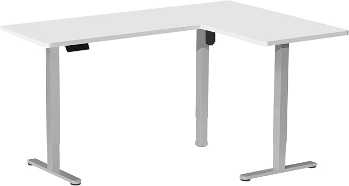 VIVO Corner Standing Desk 63 x 55 inch Reversible L-Shaped Workstation Electric Height Adjustment Home Office and Reception Rooms White Table Top Gray Frame DESK-E3CTGW