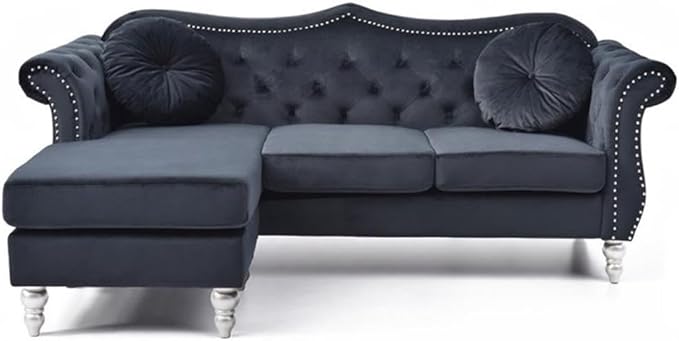 MAKLAINE Transitional Tufted Velvet Sofa Chaise Black Finish 81 in Wide Hardwood Frame Pocket Coil Seat Turned Wood Legs Hand Applied Nailheads Flared Arms Living Room Seating Includes 2