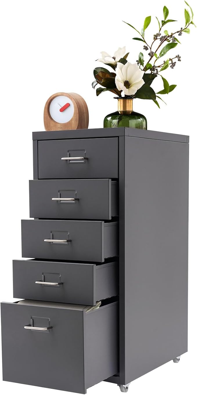 5-Drawer Storage Cabinet with Wheels Metal File Storage Organizer with 4 Small &amp 1 Large Drawers Mobile Vertical Filing Cabinet for Home Office Craft Room Bedroom 11x16.1x27.1in (Grey)