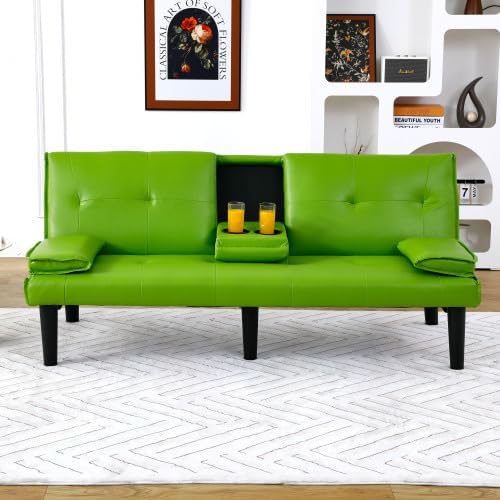 Futon Sofa Bed Modern Folding Couch for Small Space Faux Leather Convertible Loveseat Sleeper Bed Daybed Recliner Lounge Sofas for Living Room2 Cup HoldersMetal LegsRemovable Armrests (Green)