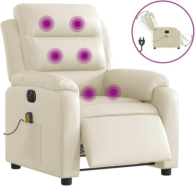 vidaXL Cream Faux Leather Electric Massage Recliner Chair - Vibrating 6-Point Massage Automated Reclining Padded Armchair for Living Room/Lounge